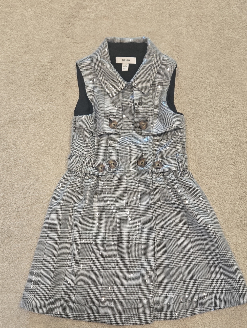 Reiss Black and Grey Plaid Sleeveless Buttoned Dress